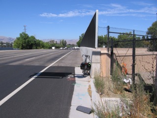 Montague bridge over Guadalupe River (south side). Sidewalk on bridge was destroyed in 2005 when adding lane.